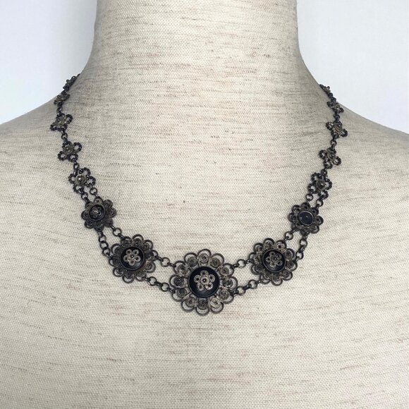 VTG Sterling Silver 925 KBK Filigree Floral Flower Button Panel Necklace 17.5" - Picture 1 of 16